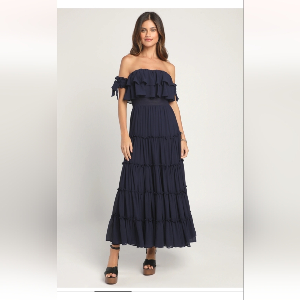 Lulus Chance For Us Navy Blue Off-the-Shoulder Ruffled Maxi Dress